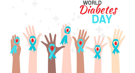Diabetes day poster. Vector illustration of diabetes concept with hands holding blue ribbons