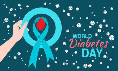Diabetes day poster. Vector illustration of diabetes concept with hand holding blue ribbon and circle with blood drop on the flying sugar backdrop