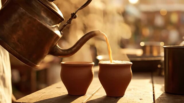 Golden Hour Ritual: Pouring Steaming Hot Masala Chai from a Rustic Kettle into Traditional Terracotta Cups.