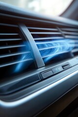 Close Up of Car Air Conditioning System Vent with Blue Light Flowing and Air Cooling the Dashboard