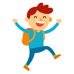 Cartoon Schoolboy Jumping for Joy with Backpack and Smiling Face Full of Excitement and Happiness