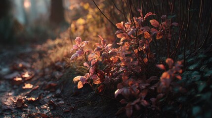 Close-up of Delicate Red Leaves in a Misty Forest Pathway