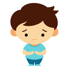 Sad cartoon boy with downcast eyes expressing sadness or worry on a white background illustration