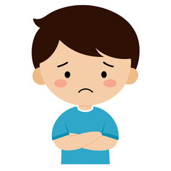 Sad cartoon boy with arms crossed feeling down and unhappy experiencing emotional distress