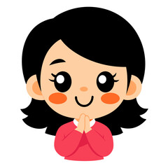Cartoon Girl Illustration Expressing Gratitude or Greeting with Hands in Praying Position and Smiling Face