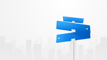 Modern 3D blue road sign with multiple direction arrows on metal pole, minimal city background, concept of decision making, business direction, and guidance