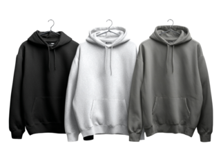 Stylish hoodies in black, white, and gray hanging, perfect for showcasing your brand's logo or design on these cozy and fashionable blank apparel options