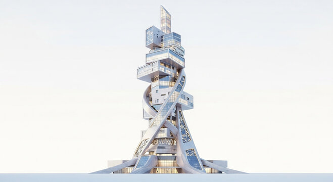 Futuristic skyscraper with a unique and modern design, featuring a mix of geometric shapes and glass panels isolated on white background