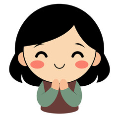 Cute cartoon girl with black hair and big smile expressing happiness and gratitude isolated on white background