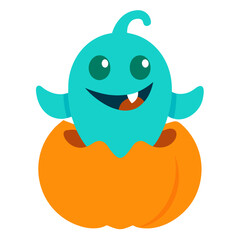 Whimsical Halloween illustration featuring a cute cartoon ghost emerging from a vibrant orange pumpkin with a playful smile