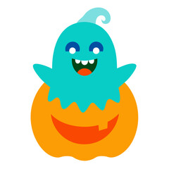 Whimsical Halloween Illustration Featuring a Cheerful Ghost Popping Out of a Smiling Pumpkin