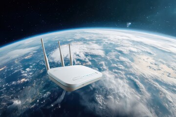 Wi-Fi Router with Earth View from Space Background