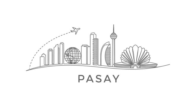 Pasay City Skyline with Airplane and Globe Line Art