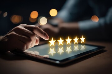 Close-up of Hand Leaving Five-Star Review on Digital Tablet