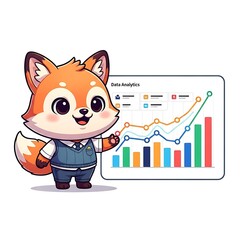 Cute fox presenting data analytics isolated on white background