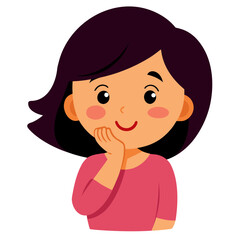 Cartoon Girl Character with Hand on Chin Thinking and Smiling with Short Dark Hair