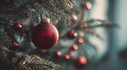 Winter Holiday Decoration: Close-Up of a Lighted Christmas Tree Ornament, Featuring Copy Space for Greeting Cards