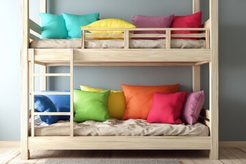 Wooden Bunk Bed with Colorful Pillows in Bright Children's Room