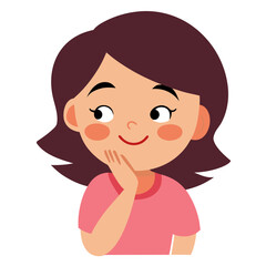 Cartoon girl thinking or pondering with hand on her chin in a thoughtful expression isolated illustration
