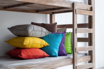 Wooden Bunk Bed with Colorful Pillows on Simple White Background