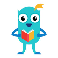 Cute blue cartoon monster reading a book with a happy smile isolated on white background illustration