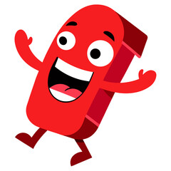 Happy red eraser character celebrating success and running with joy on a white background illustration