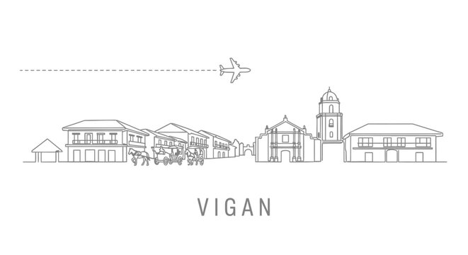 Vigan Philippines Cityscape Line Art with Airplane and Kalesa