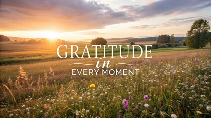Serene Sunrise Over Peaceful Meadow with Wildflowers and Inspirational Quote about Gratitude in Every Moment
