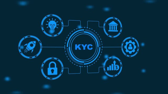 Know Your Customer KYC Compliance Concept with Icons and Network Lines Keywords: KYC, know your customer, compliance, finance, business, security, regulation, identity, verification