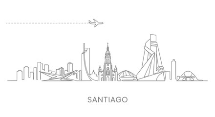 Santiago Chile Skyline Linear Illustration with Airplane