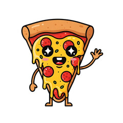 Cute pizza slice cartoon character waving isolated on white background