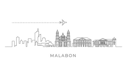 Obraz premium Malabon City Skyline and Airplane Icon Line Drawing