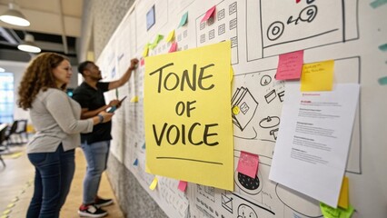 Creative team brainstorming session with sticky notes and visual planning in a modern office environment