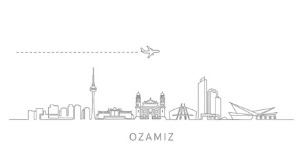 Naklejka premium Ozamiz City Skyline Line Art with Airplane