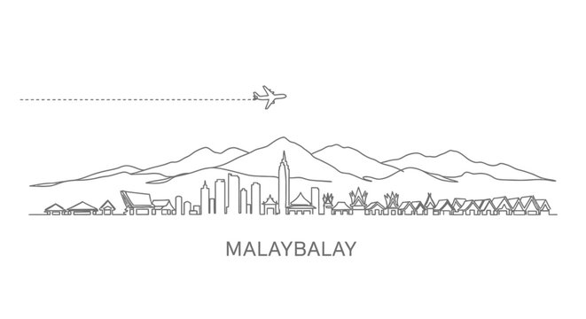 Malaybalay City Skyline with Airplane and Mountains Line Drawing