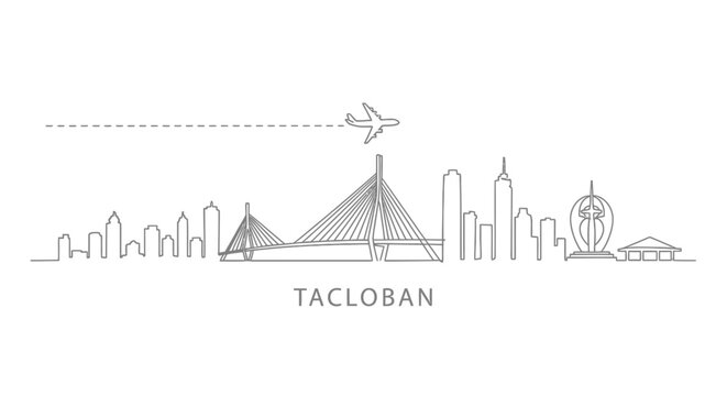 Tacloban City Skyline with Cable-Stayed Bridge and Airplane