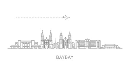Fototapeta premium Minimalist City Skyline with Airplane Icon and Text
