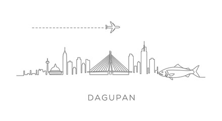 Naklejka premium Dagupan City Skyline with Airplane and Fish Icon