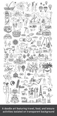 Obraz premium A doodle art featuring travel, food, and leisure activities isolated on transparent background