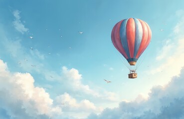 Fototapeta premium Red, blue striped hot air balloon floats high in clear blue sky. White clouds drift peacefully below, around big flying balloon. Birds soar freely nearby serene scenic view. Shows peaceful air