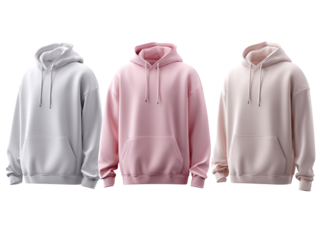 Stylish hoodies in white, pink, and beige offer versatile fashion options for casual wear, promoting comfort and modern design for diverse customer apparel needs