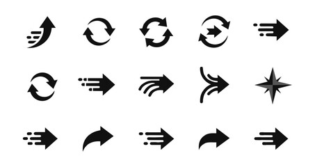 Vector collection of various black arrow icons and a starburst symbol on white background