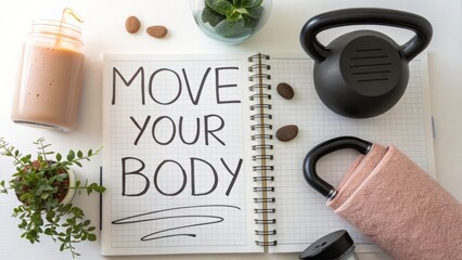 Inspiring Workspace with Fitness Theme Featuring Kettlebell, Notebook, Smoothie and Indoor Plants for Healthy Lifestyle