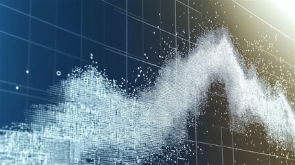 Abstract financial data wave with glowing particle effect on dark grid. Market visualization showing investment performance with illuminated chart line and statistical elements.