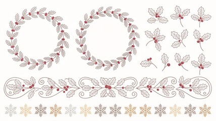 Fototapeta premium Elegant Christmas Border Set Holly Wreaths, Silver Swirls, and Snowflake Accents.