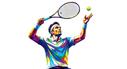 Vibrant Pop Art Tennis Player Preparing to Serve with Racket and Ball