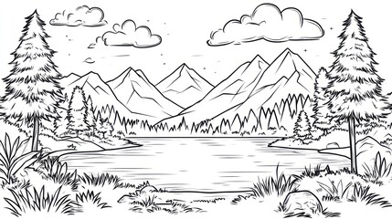 Lakeside mountain view, scenic nature illustration for travel brochures