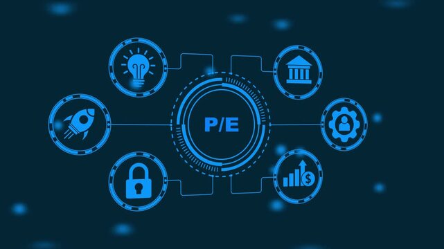 PE Price to Earnings Ratio Concept with Icons and Network Connections on Dark Blue Background business