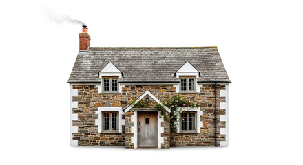 Quaint stone cottage isolated on white background, radiating rustic charm with its slate roof and climbing vines, a timeless countryside haven