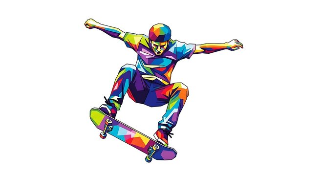 Dynamic Skateboarder Performing a Jump Trick in Vibrant Geometric Pop Art Style Illustration